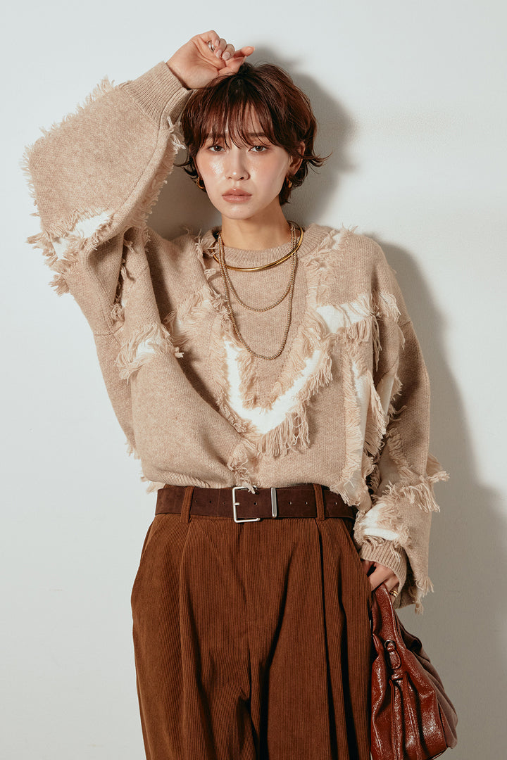 [SET]シャギージャガードニットトップス+太ベルト付きコーデュロイタックパンツ(2set)