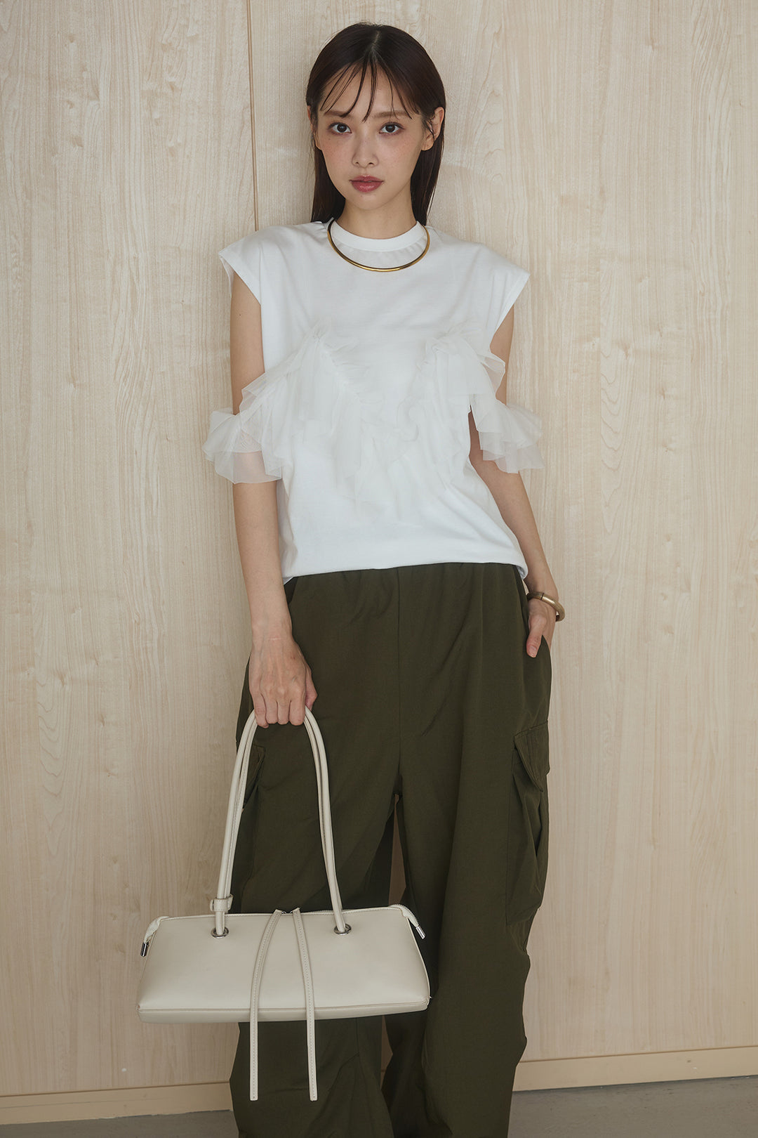 [SET]チュールフリルフレンチTシャツ+ルーズカーゴワイドパンツ(2set)