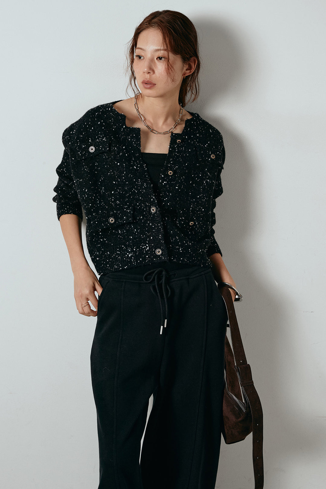 [SET]ネップニットカーディガン+スウェットワイドカーブパンツ(2set)