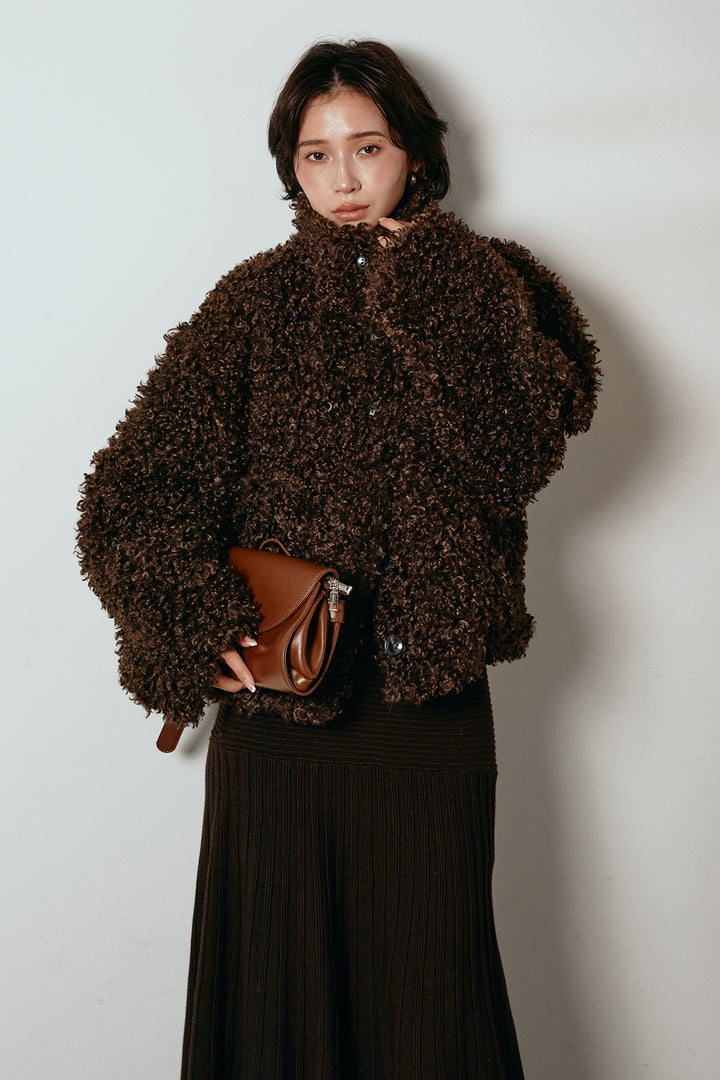 [SET]プードルファーミドルジャケット+編み地切り替えフレアニットスカート(2set)