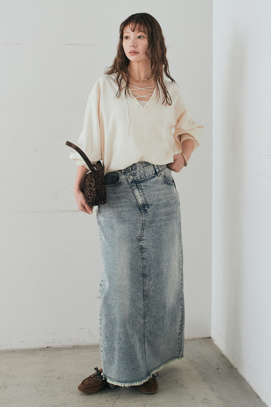 [SET]レースアップワッフルボーダートップス+ウエストクロスデニムタイトスカート(2set)