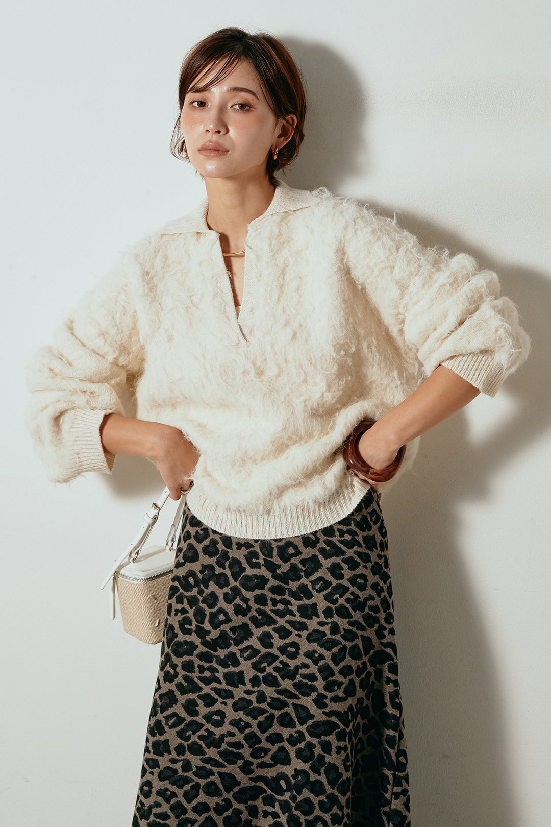 [SET]襟付きシャギーニットポロトップス+レオパードロングスカート(2set)