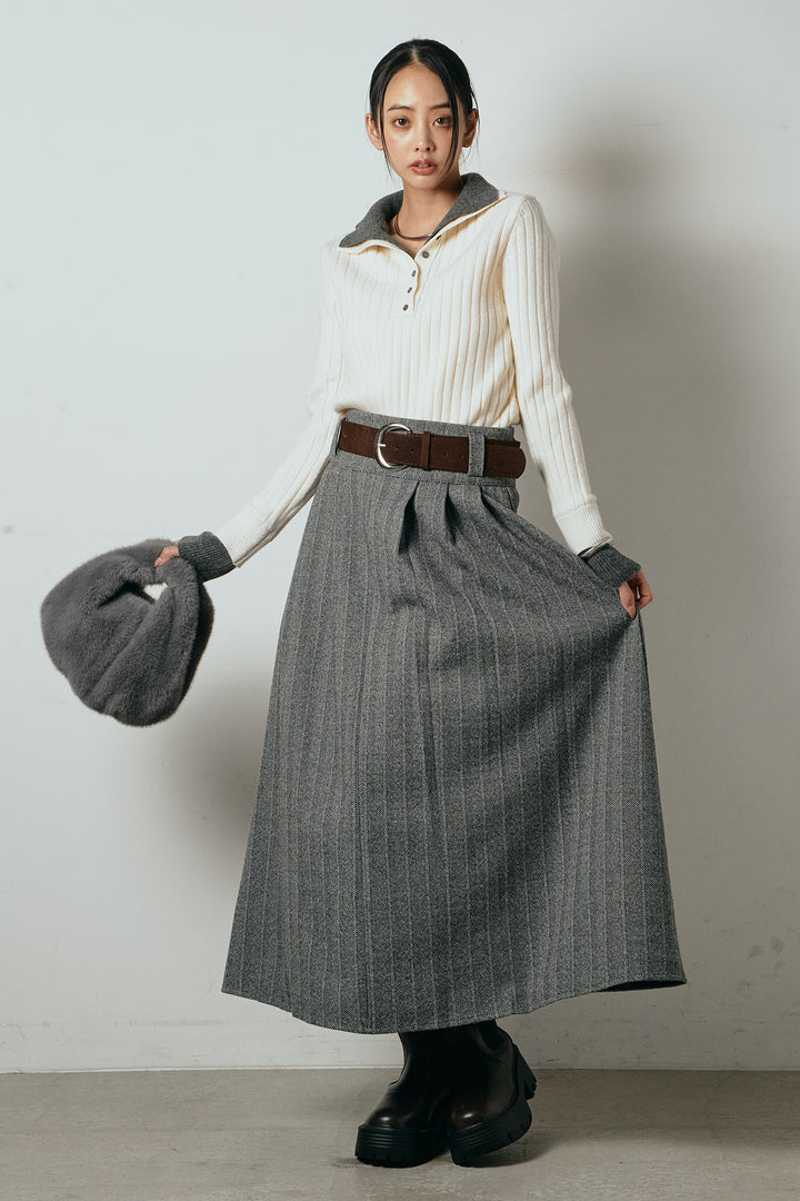 [SET]レイヤード風リブニットトップス+太ベルト付きヘリンボーンプリーツスカート(2set)