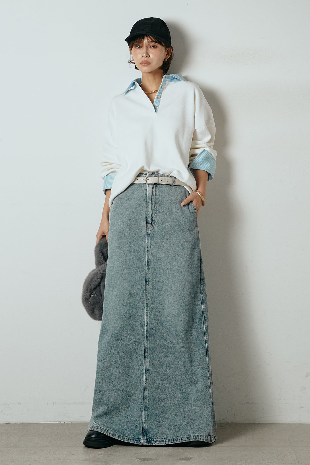 [SET]ストライプシャツドッキングポロトップス+デニムロングフレアスカート(2set)