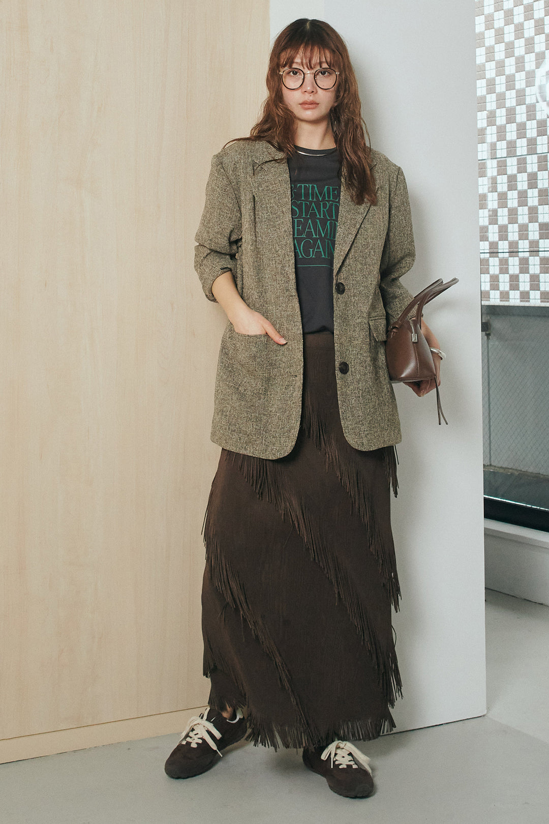 [SET]ミックスツイードベルト付きジャケット+斜めフリンジデザインスカート(2set)
