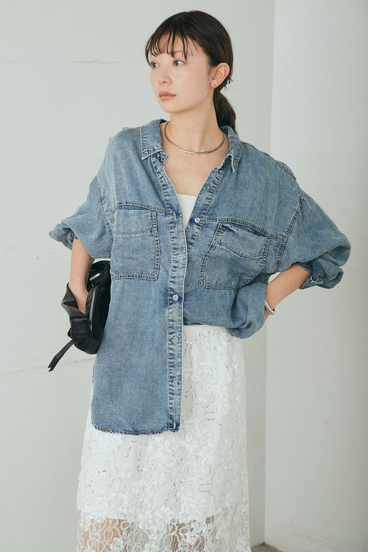 [SET]テンセルデニムシャツ+ラメ刺繍デザインスカート(2set)