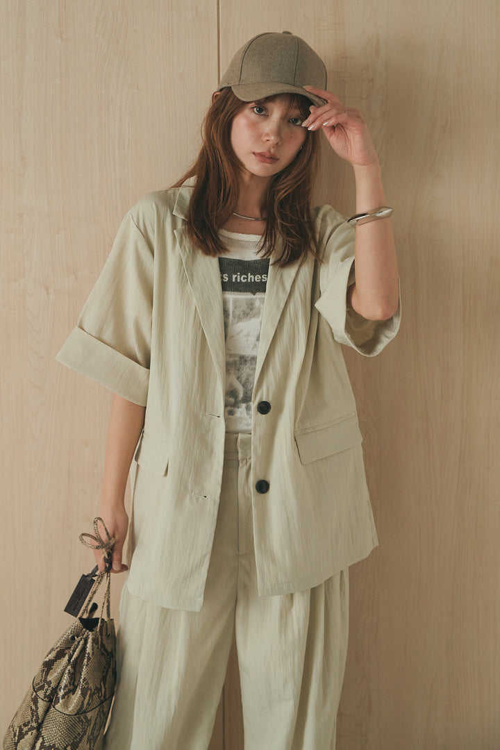 [SET]半袖モノトーングラフィックトップス+リネンライク2タックワイドパンツ(2set)