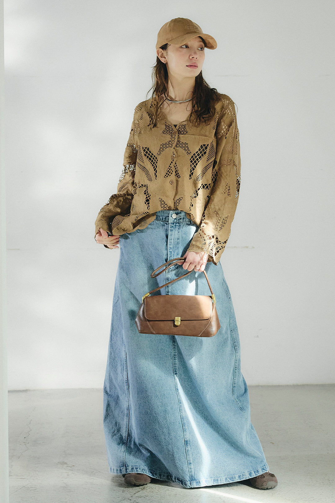 [SET]フラワー刺繍レースブラウス+デニムロングフレアスカート(2set)