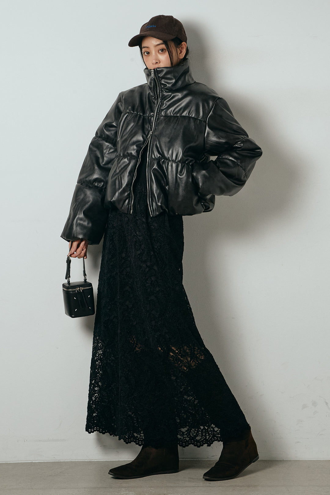 [SET]レザーライクWジップスタンドカラー中綿ブルゾン+総レース刺繍スカート(2set)