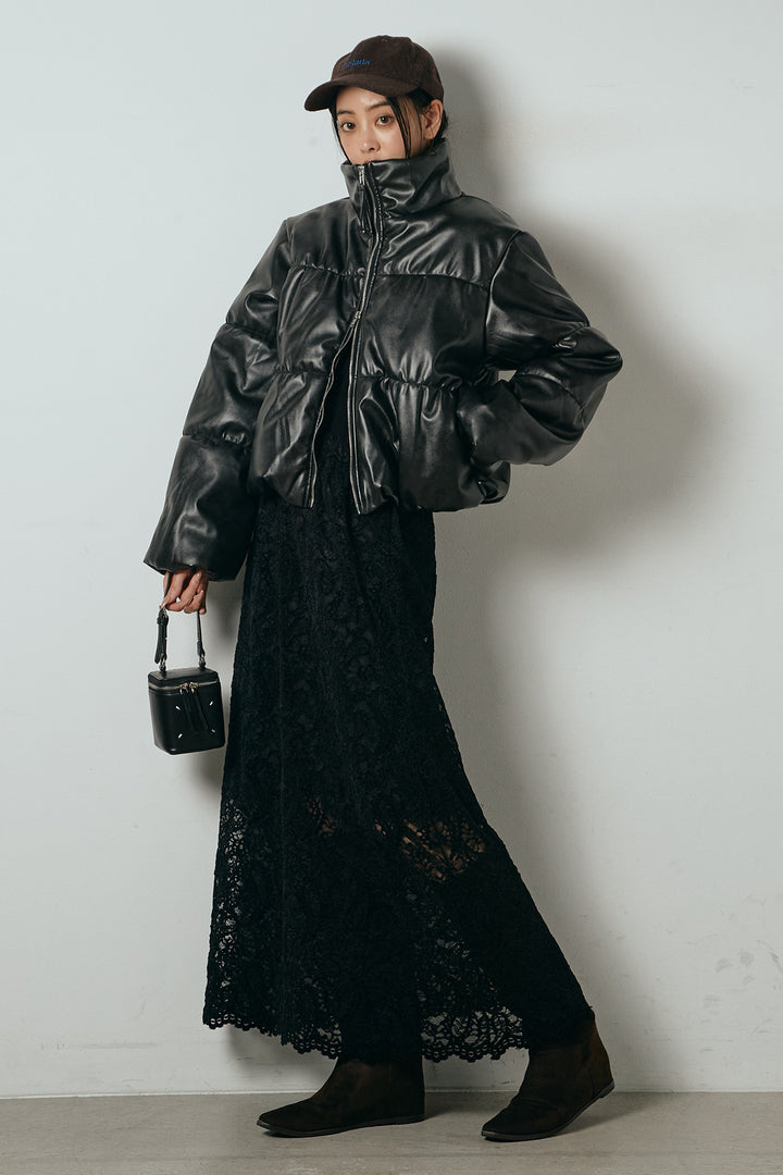 [SET]レザーライクWジップスタンドカラー中綿ブルゾン+総レース刺繍スカート(2set)