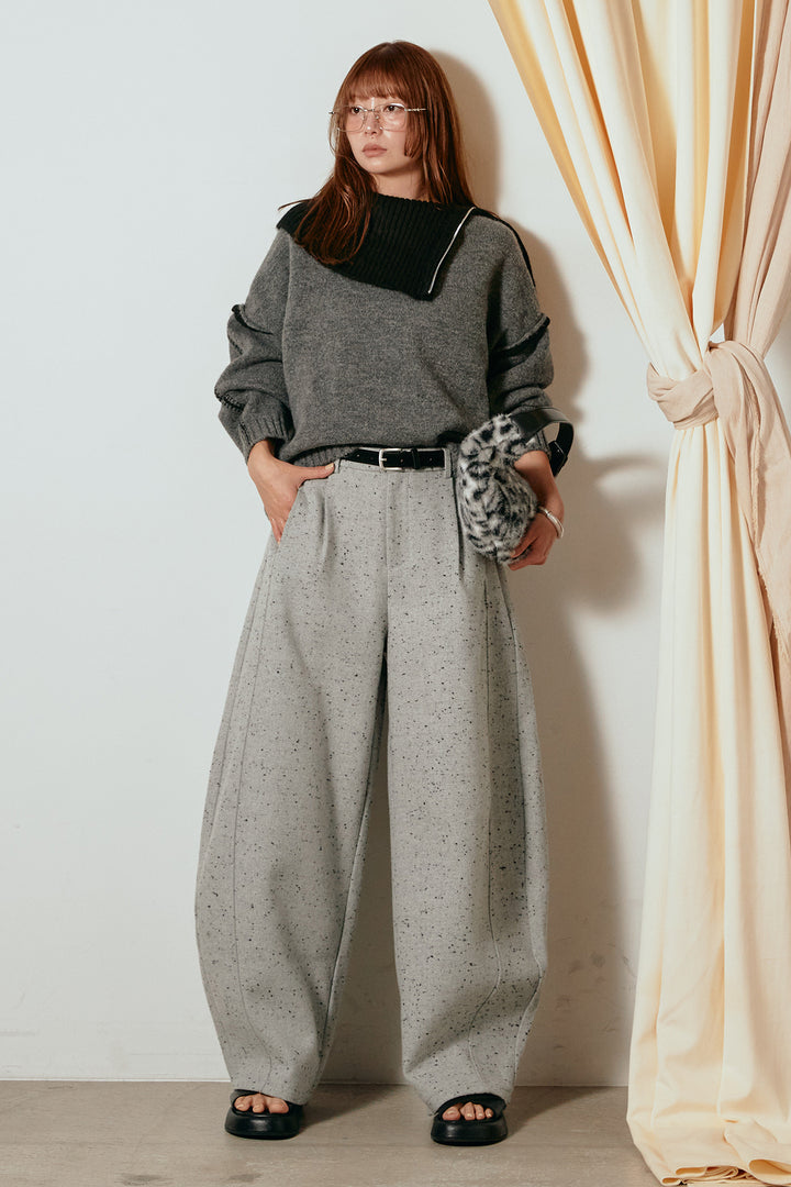 [SET]ハイネックジップデザインニットトップス+ベルト付きネップツイードカーブパンツ(2set)