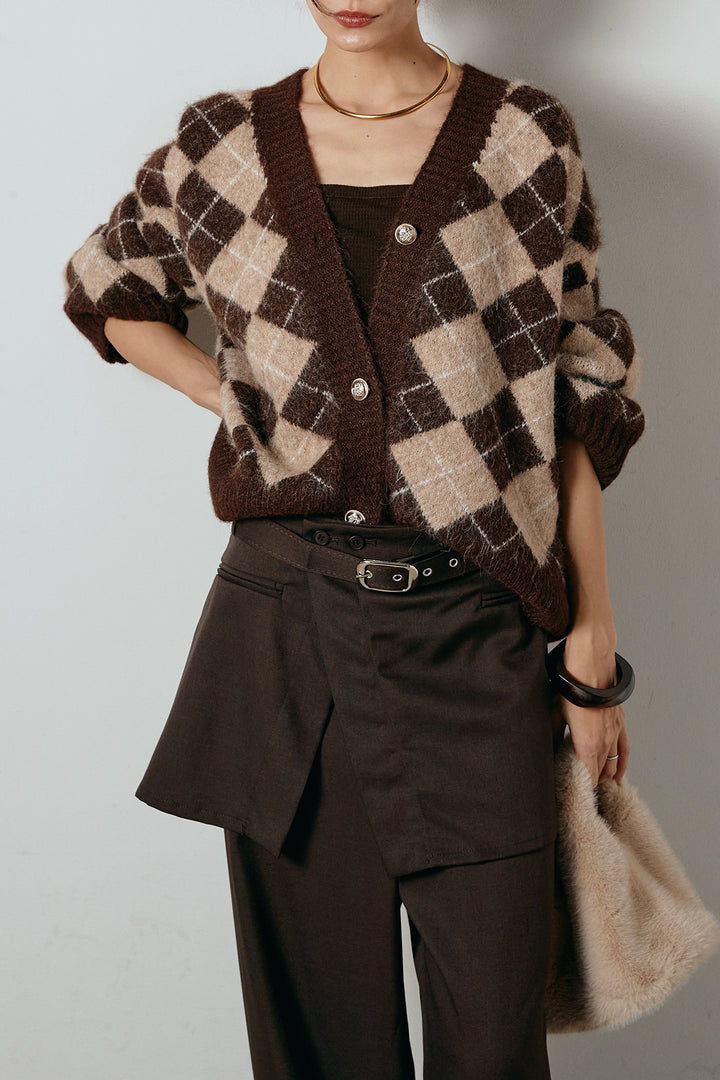 [SET]オーバーサイズ総柄Vネックニットカーディガン+ベルト付きウエストデザインパンツ(2set)