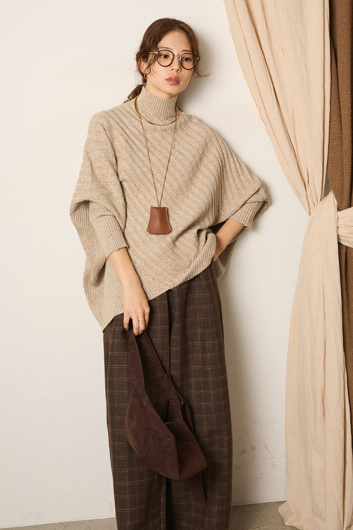 [SET]アシメデザインリブポンチョニットトップス+ウールライクチェックタックパンツ(2set)