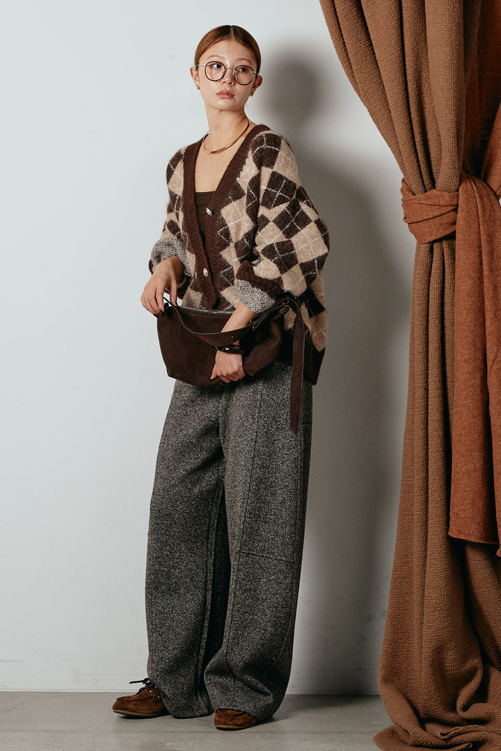 [SET]オーバーサイズ総柄Vネックニットカーディガン+杢ニットフレアパンツ(2set)