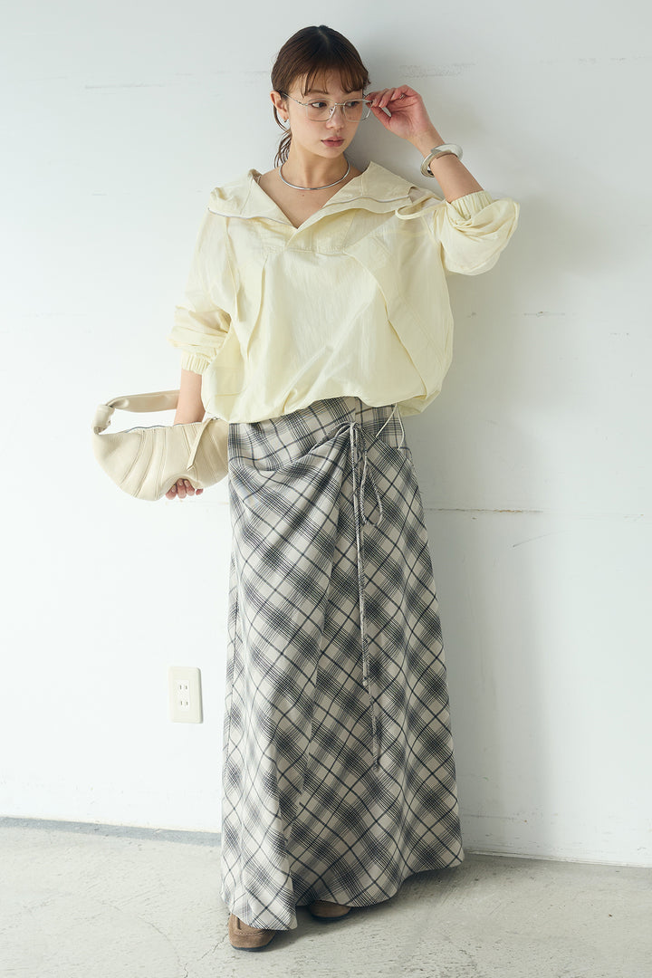 [SET]ナイロンフーディーブルゾンアウター+タータンチェック柄フロントデザインスカート(2set)