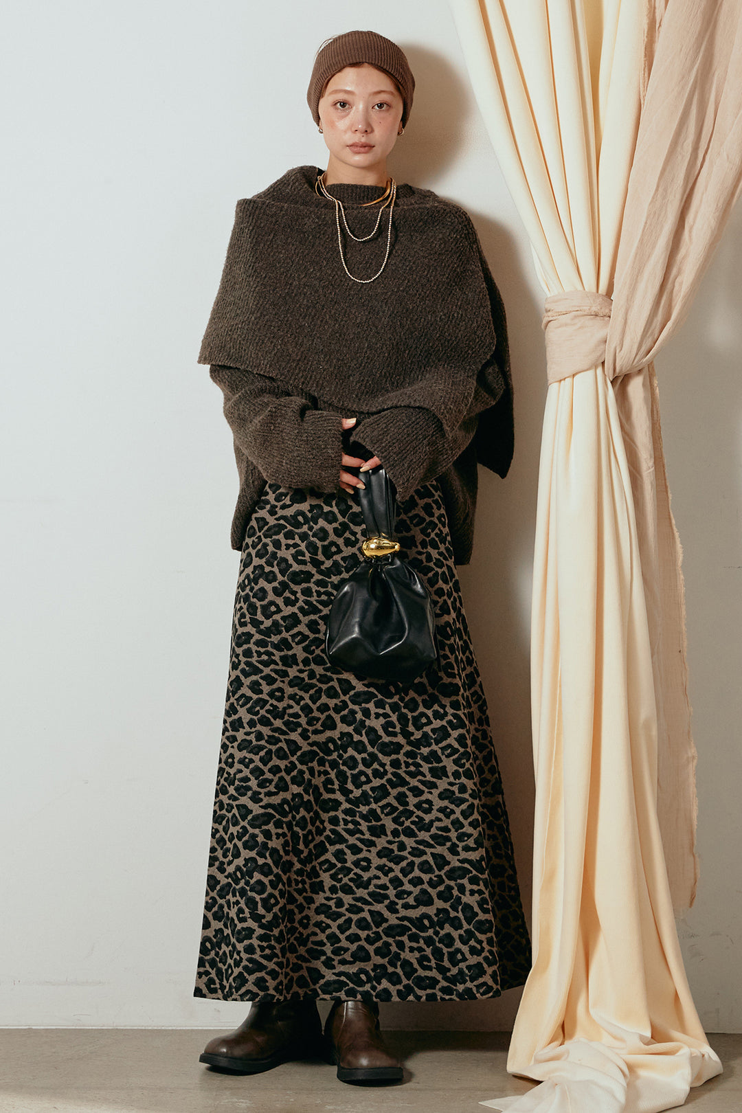 [SET]ケープデザインリブニットトップス+レオパードロングスカート(2set)