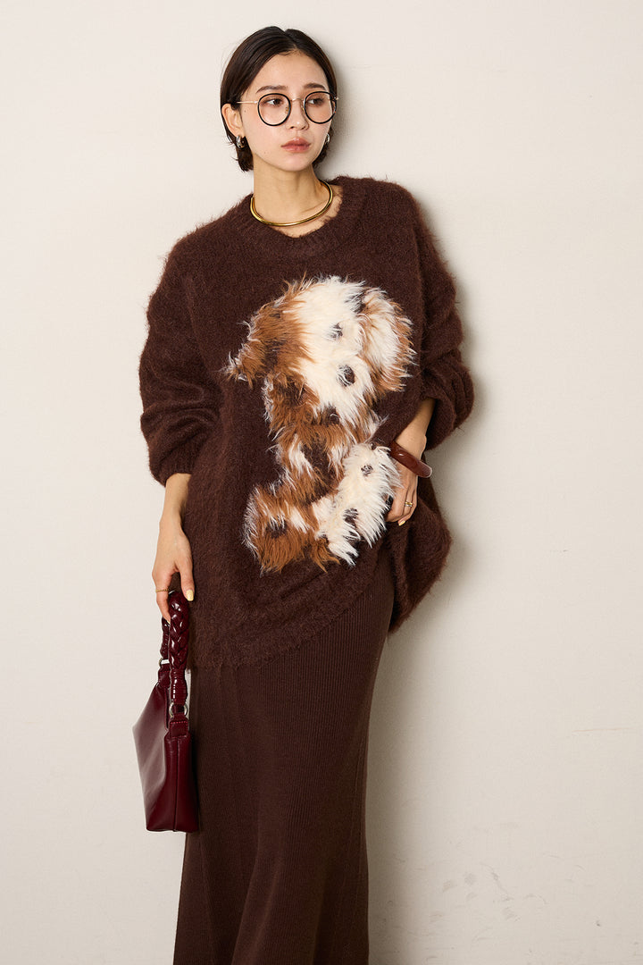 [SET]シャギーニュアンスアニマルニット+リブナローニットスカート(2set)