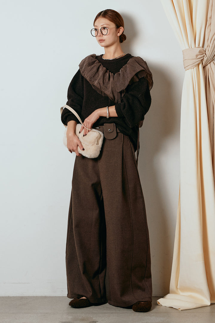 [SET]アシンメトリーフリルニットトップス+ポーチベルト付きカーブパンツ(2set)