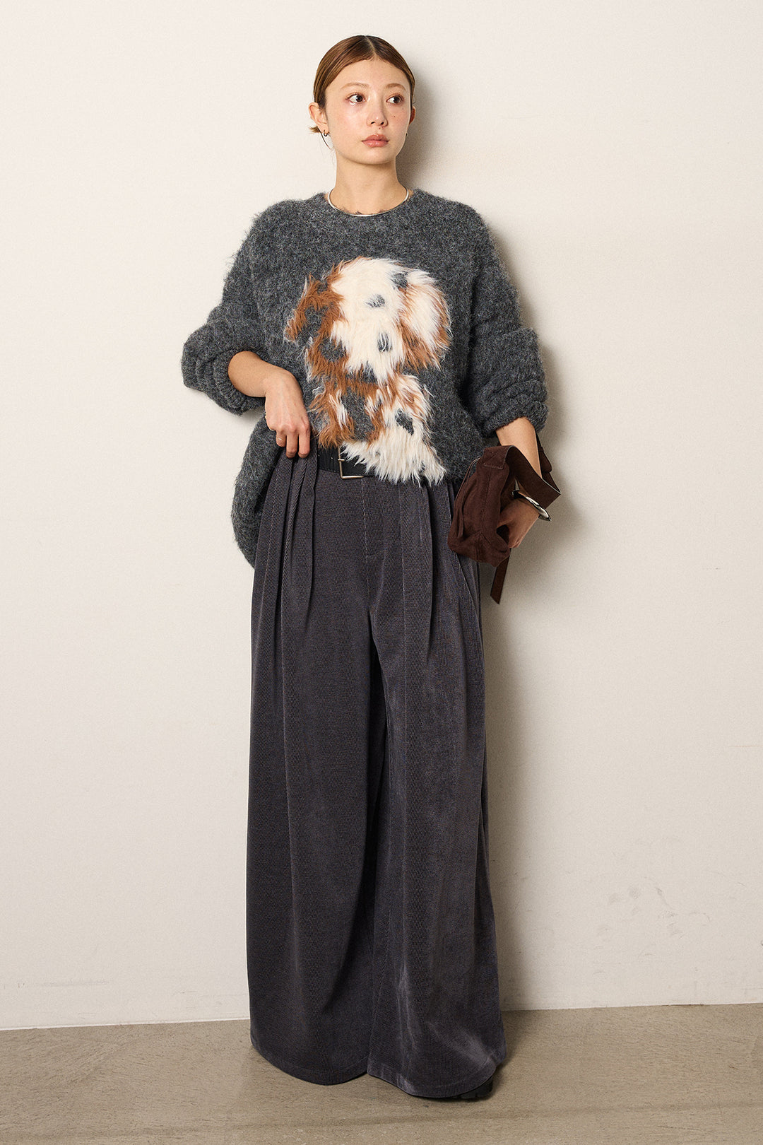 [SET]シャギーニュアンスアニマルニット+ベルトループコーデュロイワイドパンツ(2set)