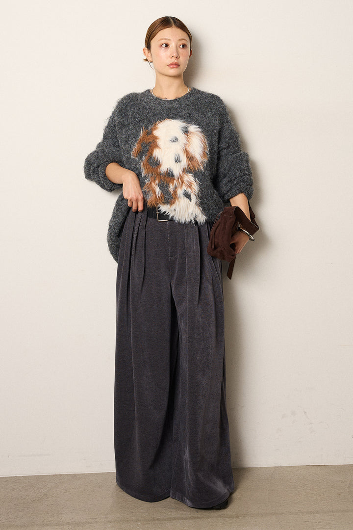 [SET]シャギーニュアンスアニマルニット+ベルトループコーデュロイワイドパンツ(2set)