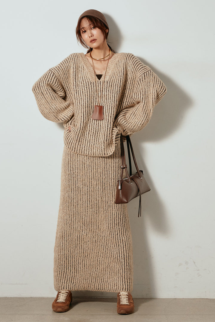 [SET]アルパカタッチ深Vニットトップス+アルパカタッチニットタイトスカート(2set)