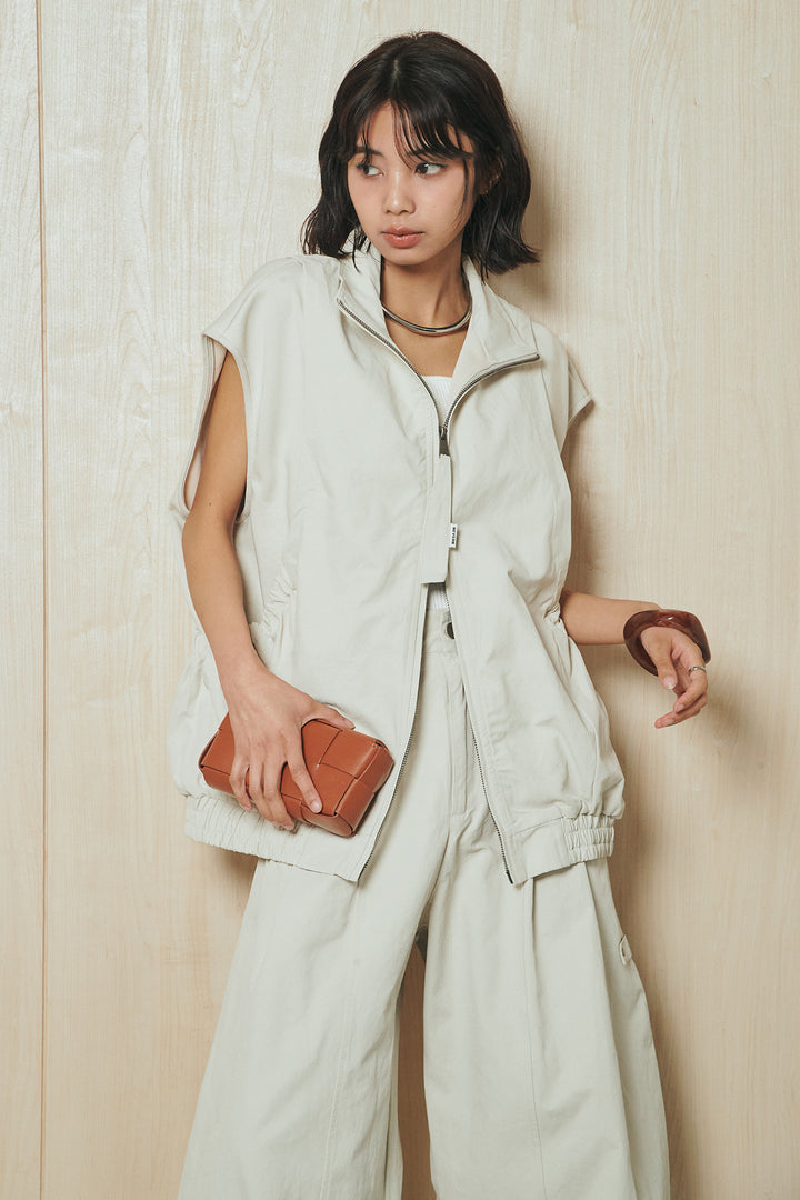 [SET]ショルダー切替スタンドネックジップベスト+コットンポリツータックセンターシームカーブパンツ(2set)