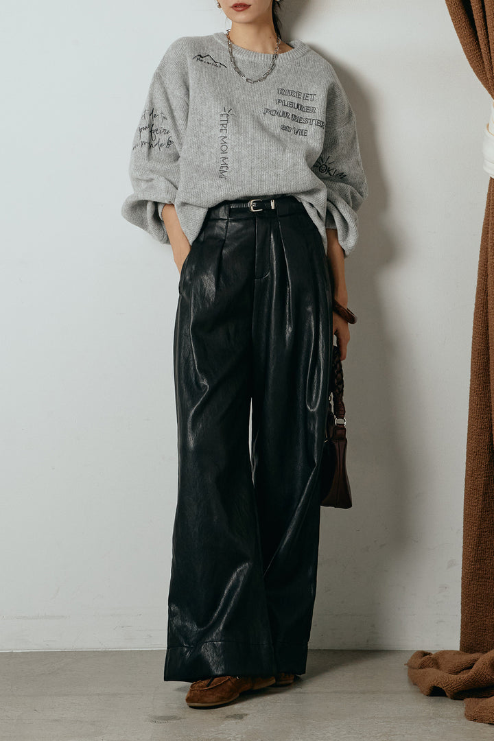 [SET]刺繍ロゴランダムデザインニットトップス+ベルト付きレザーライクタックパンツ(2set)