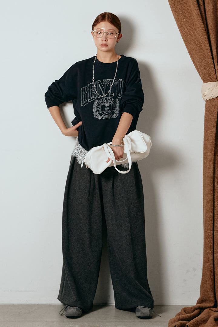 [SET]フロントロゴスウェットプルオーバー+フェイクレザー太ベルト付きタックワイドパンツ(2set)