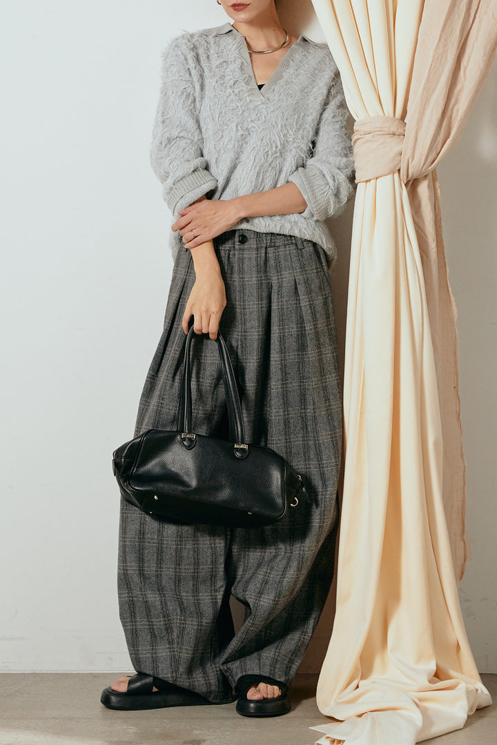 [SET]襟付きシャギーニットポロトップス+タータンチェック柄タックパンツ(2set)