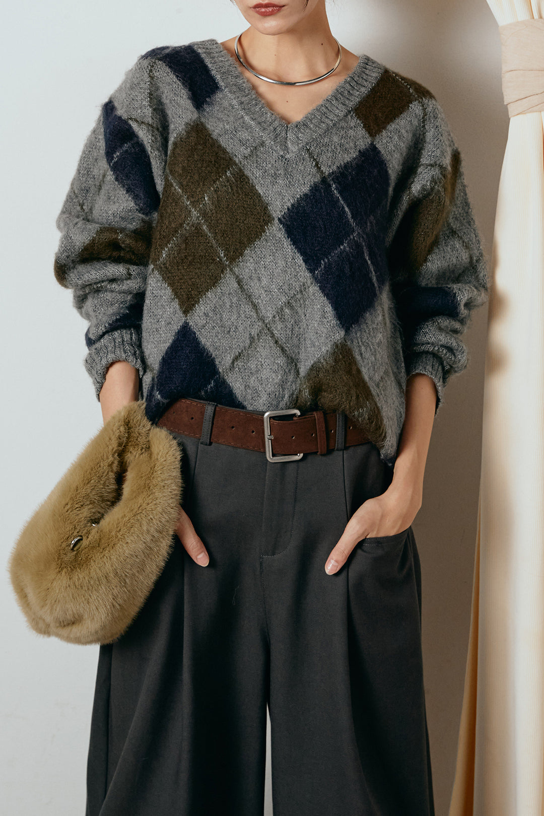 [SET]アクリルモヘアアーガイルVネックプルオーバー+太ベルト付きタックデザインワイドパンツ(2set)