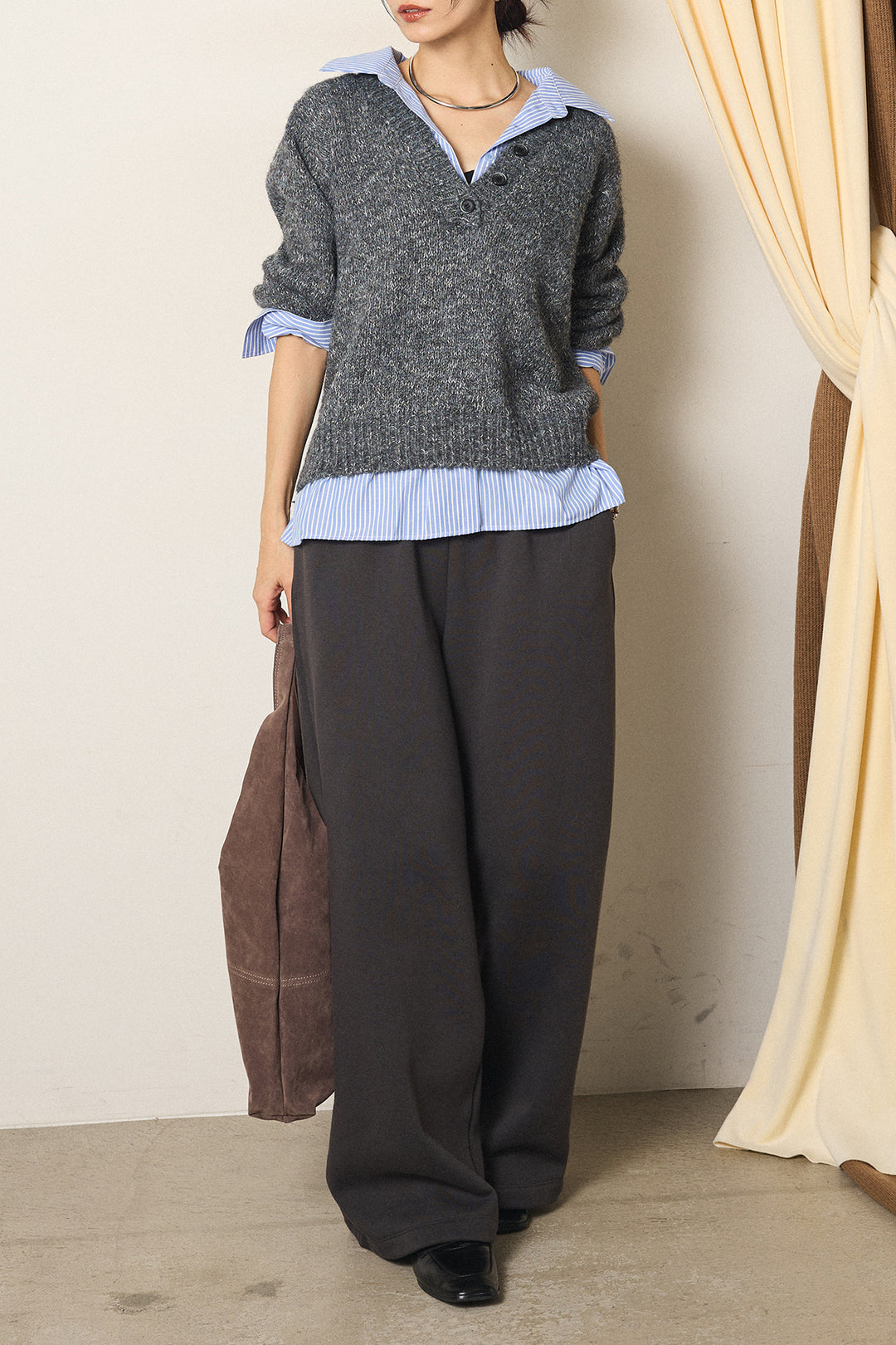 [SET]ストライプシャツドッキングニットポロトップス+裏起毛スウェットワイドパンツ(2set)
