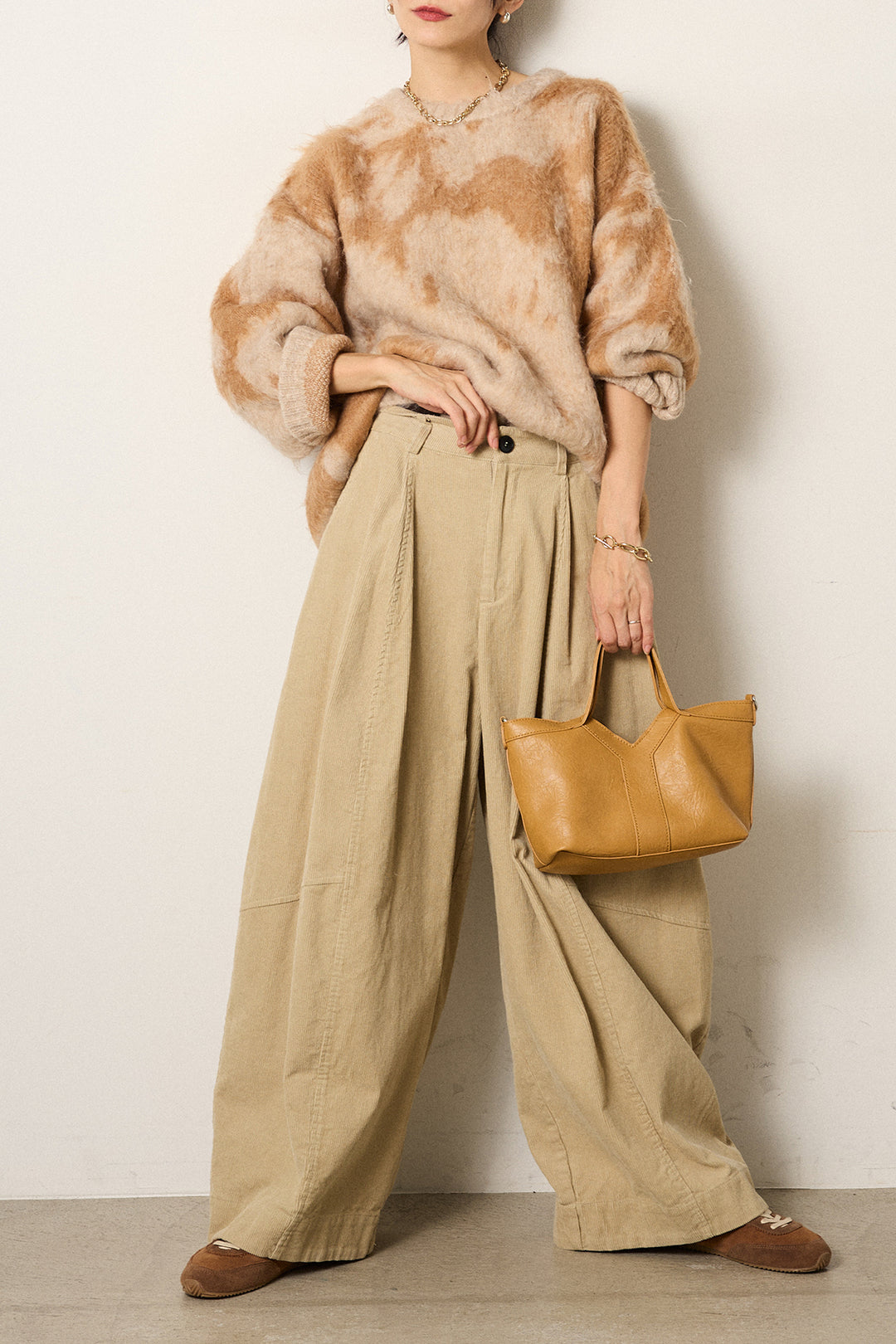 [SET]モヘアタッチマーブルニット+タック入りコーデュロイワイドパンツ(2set)