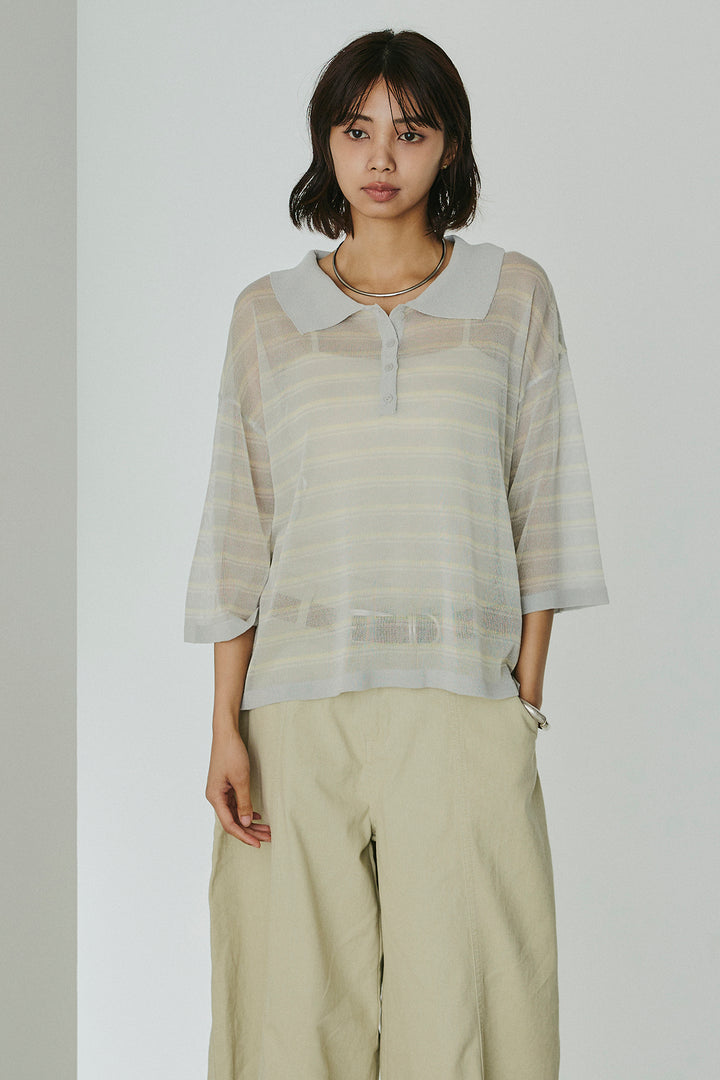 [SET]ボーダーニットポロシャツ+ニーサイドタックウエストドロスパンツ(2set)