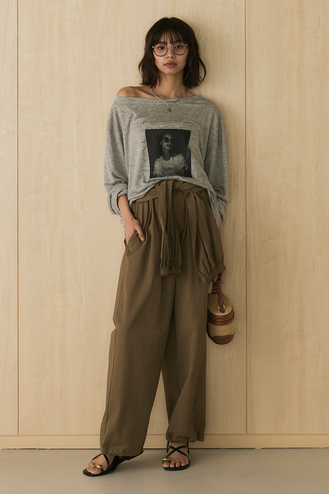 [SET]ヴィンテージグラフィックロンT+合繊ツイルスタンドウエスト巻きジョガーパンツ(2set)