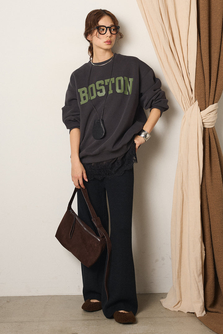 [SET]ロゴデザインルーズスウェット+レースサテンキャミソール+ワイドリブニットイージーパンツ(3set)