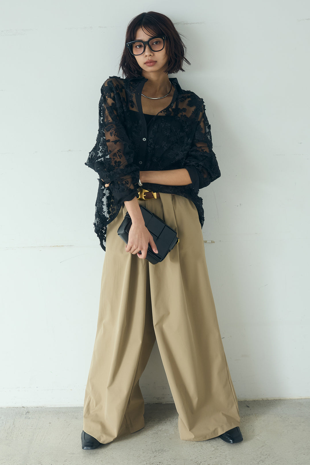 [SET]立体フラワー刺繍レースシャツ+ベルトループデザインハイウエストタックパンツ(2set)