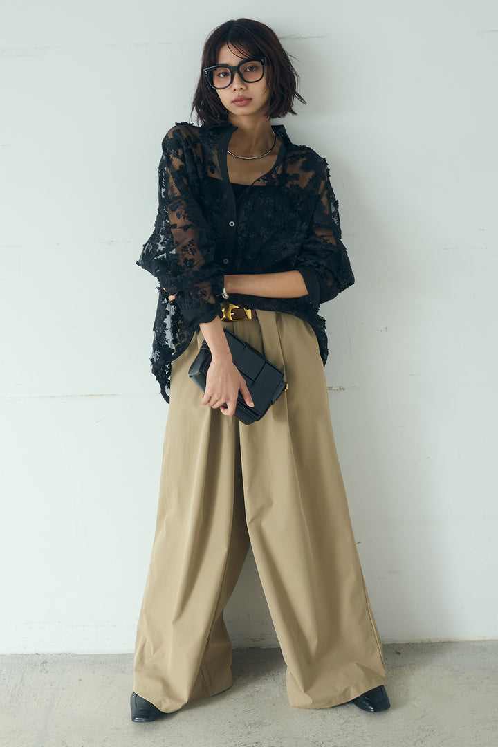 [SET]立体フラワー刺繍レースシャツ+ベルトループデザインハイウエストタックパンツ(2set)