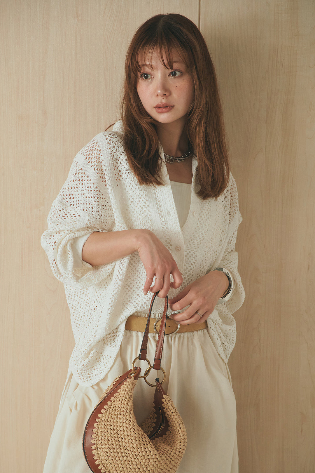 [SET]長袖襟付きレースシャツ+ポケットタックフォルムパンツ(2set)