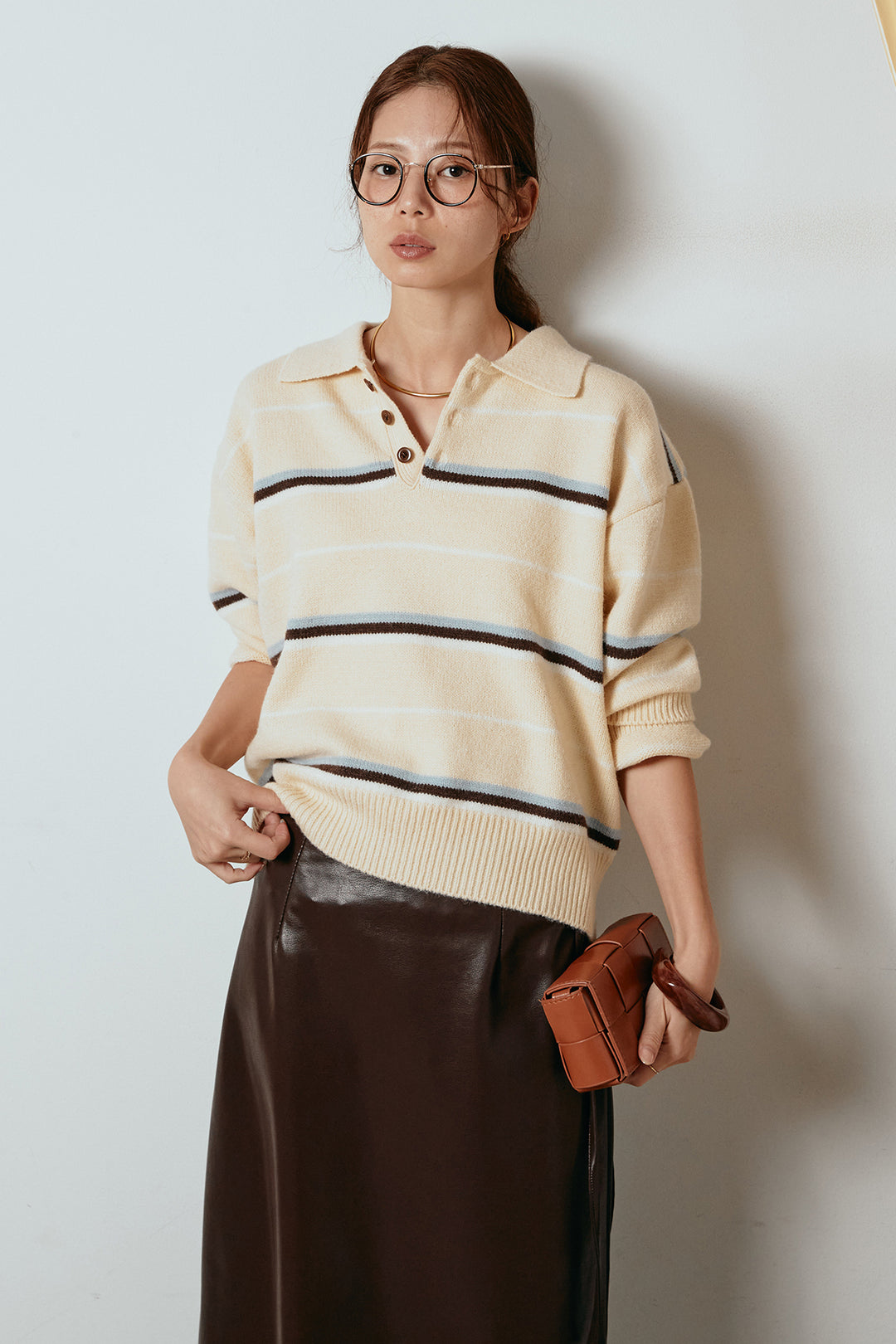 [SET]襟付きマルチボーダーニットポロトップス+紐付きフェイクレザーワイドスカート(2set)