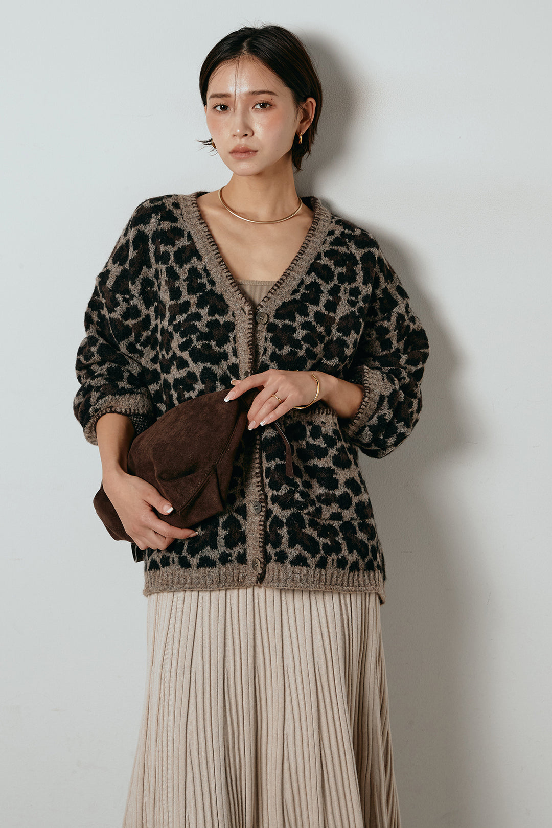 [SET]ステッチデザインレオパードニットカーディガン+リブニットフレアスカート(2set)