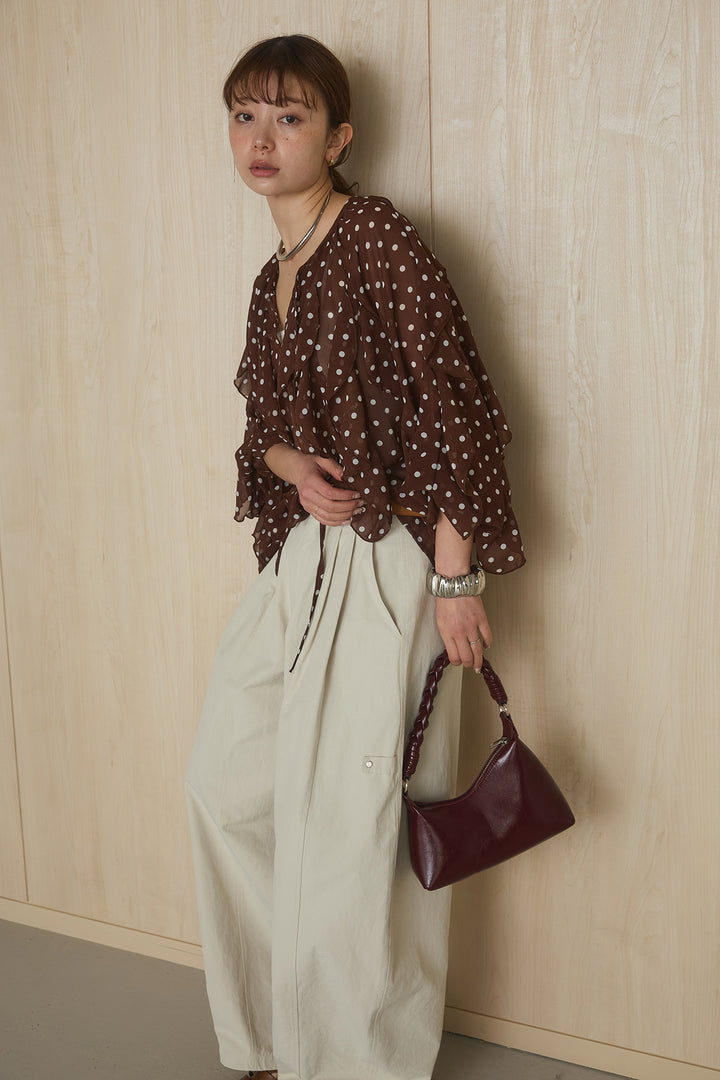 [SET]ドットフリル長袖ブラウス+コットンポリツータックセンターシームカーブパンツ(2set)