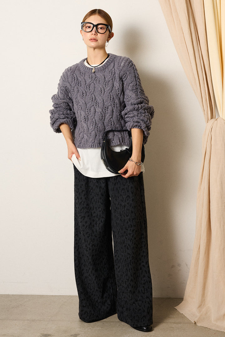 [SET]ケーブルリラックスショートニット+レオパードジャガードニットパンツ(2set)