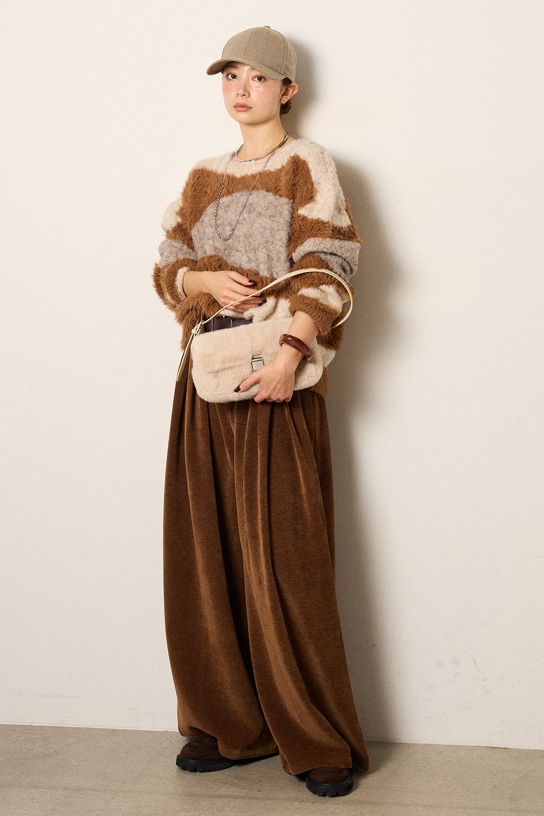 [SET]シャギーウェーブ柄クルーネックニットトップス+ベルトループコーデュロイワイドパンツ(2set)