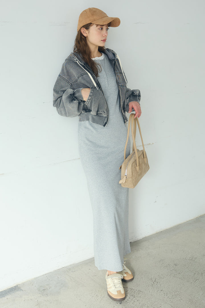 [SET]デニムダブルジップパーカーブルゾン+レイヤード見えヘンリーネックロングワンピース(2set)