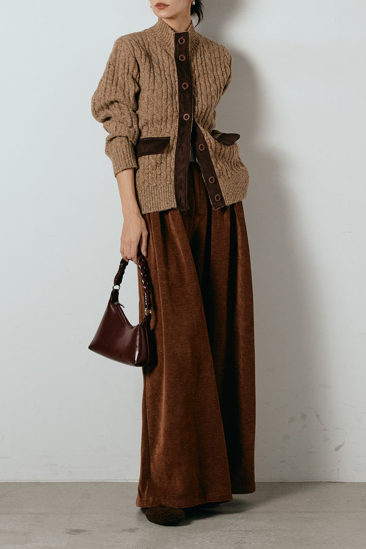 [SET]ボトルネックケーブルニットカーディガン+ベルトループコーデュロイワイドパンツ(2set)
