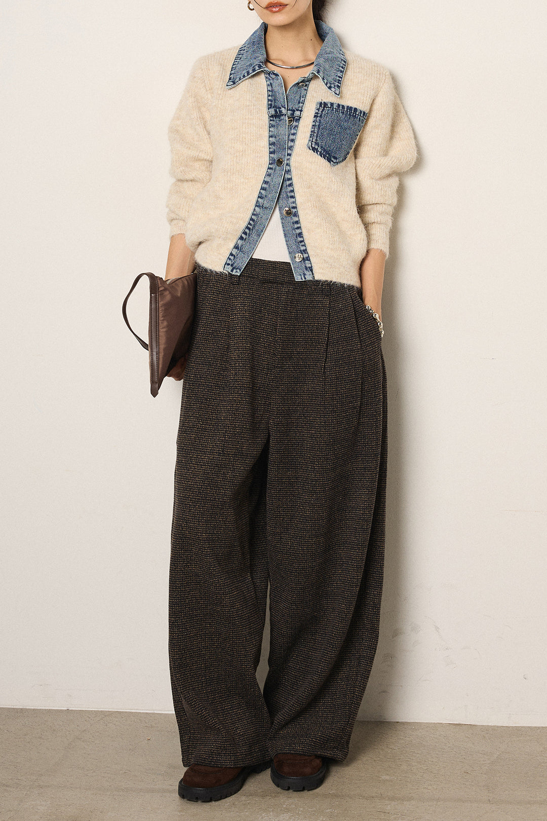 [SET]襟付きデニム切替ニットカーディガン+起毛タック入りツイードワイドパンツ(2set)