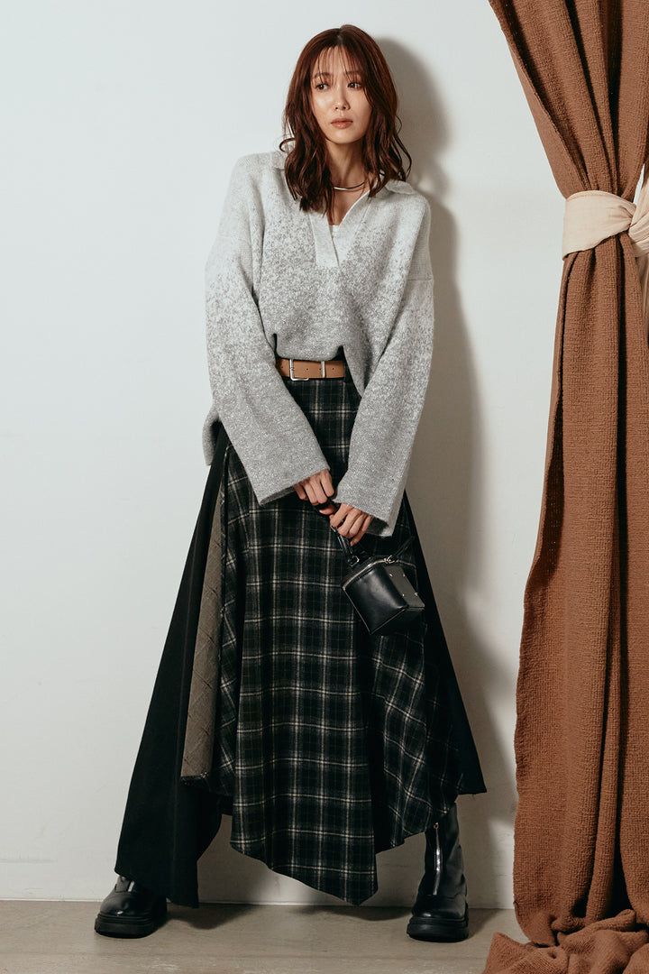 [SET]グラデーションラメニットキーネックプルオーバー+フェイクレザーベルト付き切り替えタータンチェックスカート(2set)