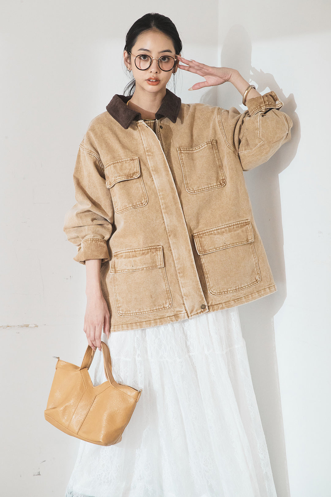 [SET]襟コーデュロイジップデニム調カバーオール+ひげレース切替ロング丈スカート(2set)