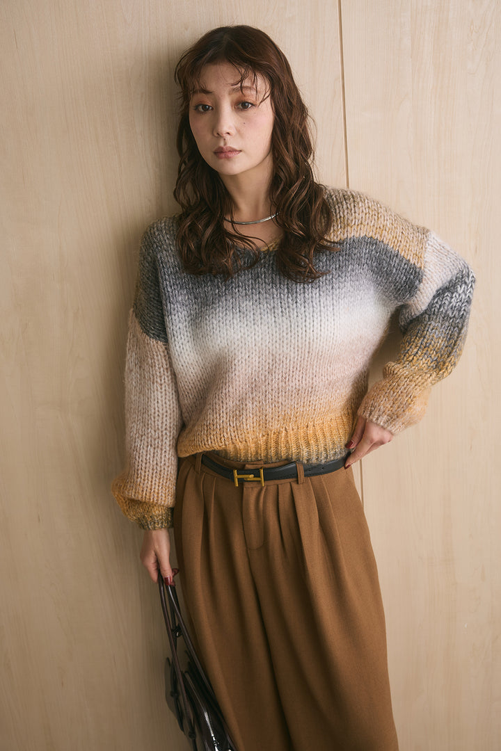 [SET]ミックスグラデーションVネックニット+ゴールドバックルベルト付きタックワイドパンツ(2set)