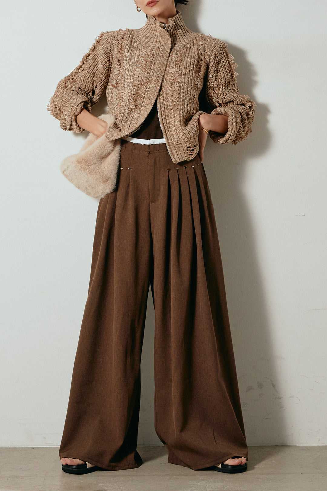 [SET]ハイネックフリンジジップニットトップス+ウエストステッチデザインワイドスラックス(2set)